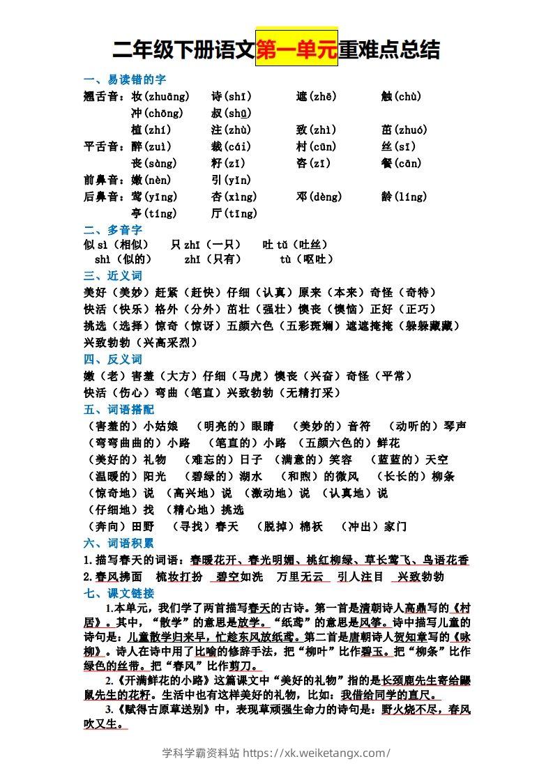二下语文全册知识点-学科学霸资料站