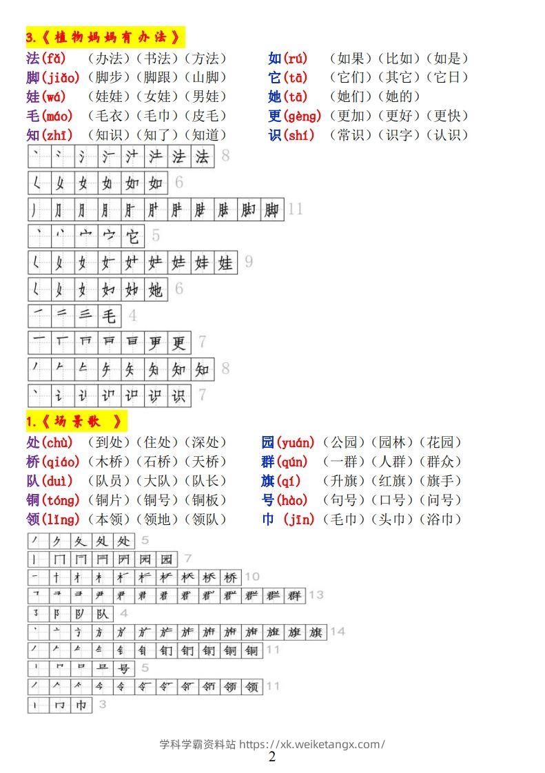 图片[2]-二上语文《生字拼音、笔顺、组词》-学科学霸资料站