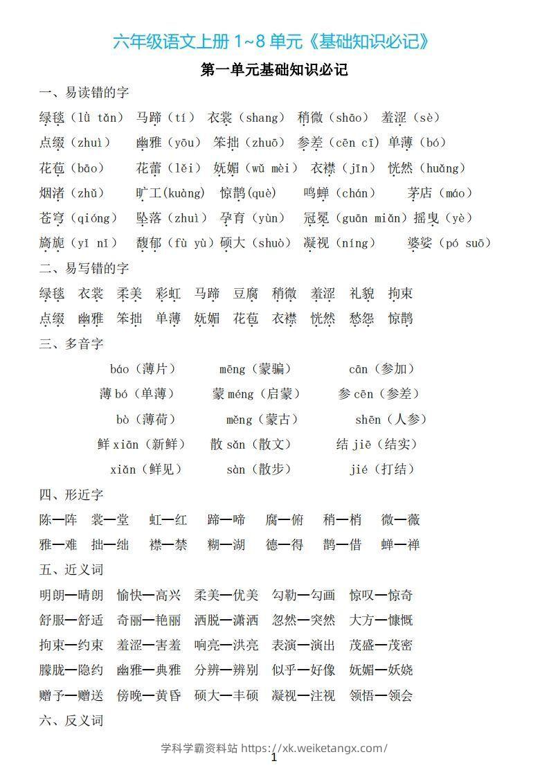 六年级上册语文：1~8单元《基础知识必记》-学科学霸资料站