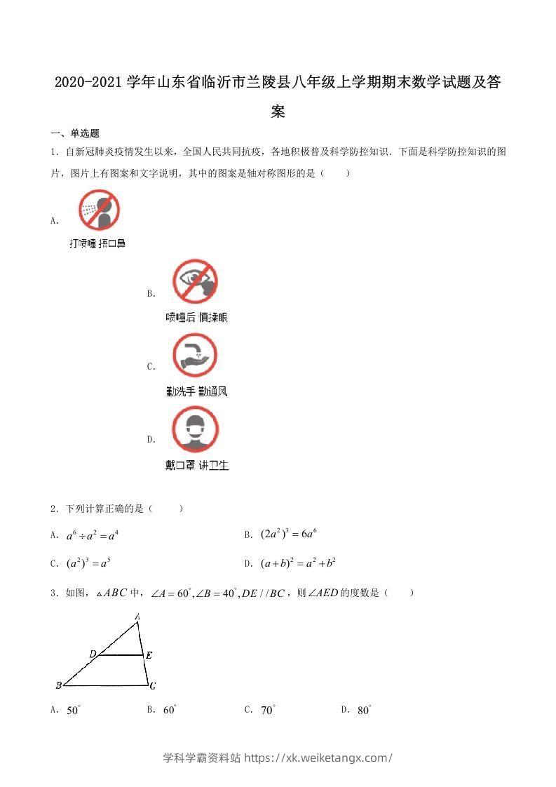 2020-2021学年山东省临沂市兰陵县八年级上学期期末数学试题及答案(Word版)-学科学霸资料站