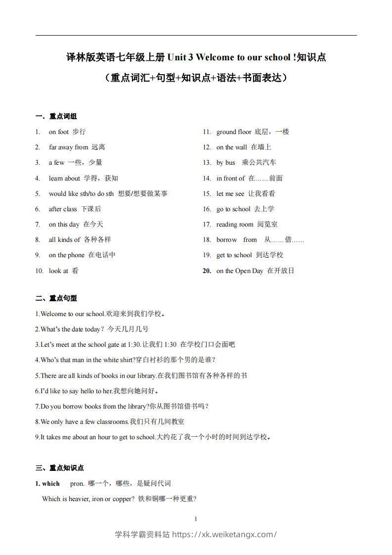 译林版英语七年级上册‬Unit3Welcometoourschool知识点_decrypted-学科学霸资料站