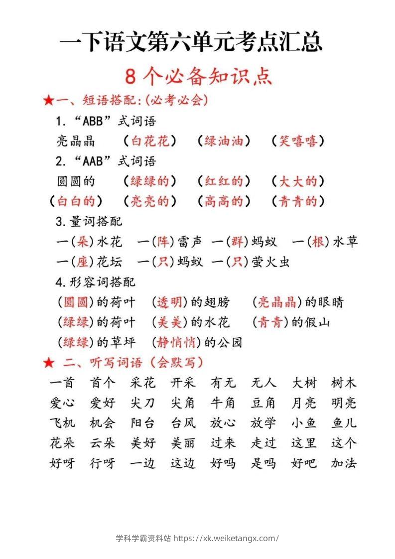 一下语文第六单元考点汇总-学科学霸资料站