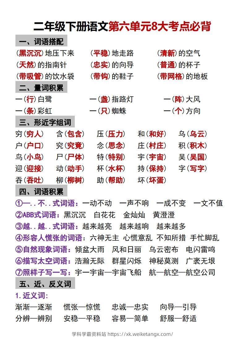 二年级下册语文第六单元8大考点必背-学科学霸资料站
