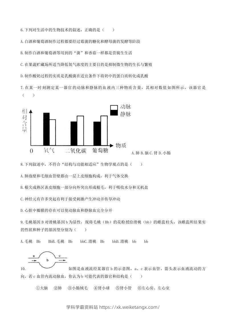 图片[2]-2020-2021学年湖南省常德市澧县八年级下学期期末生物试题及答案(Word版)-学科学霸资料站