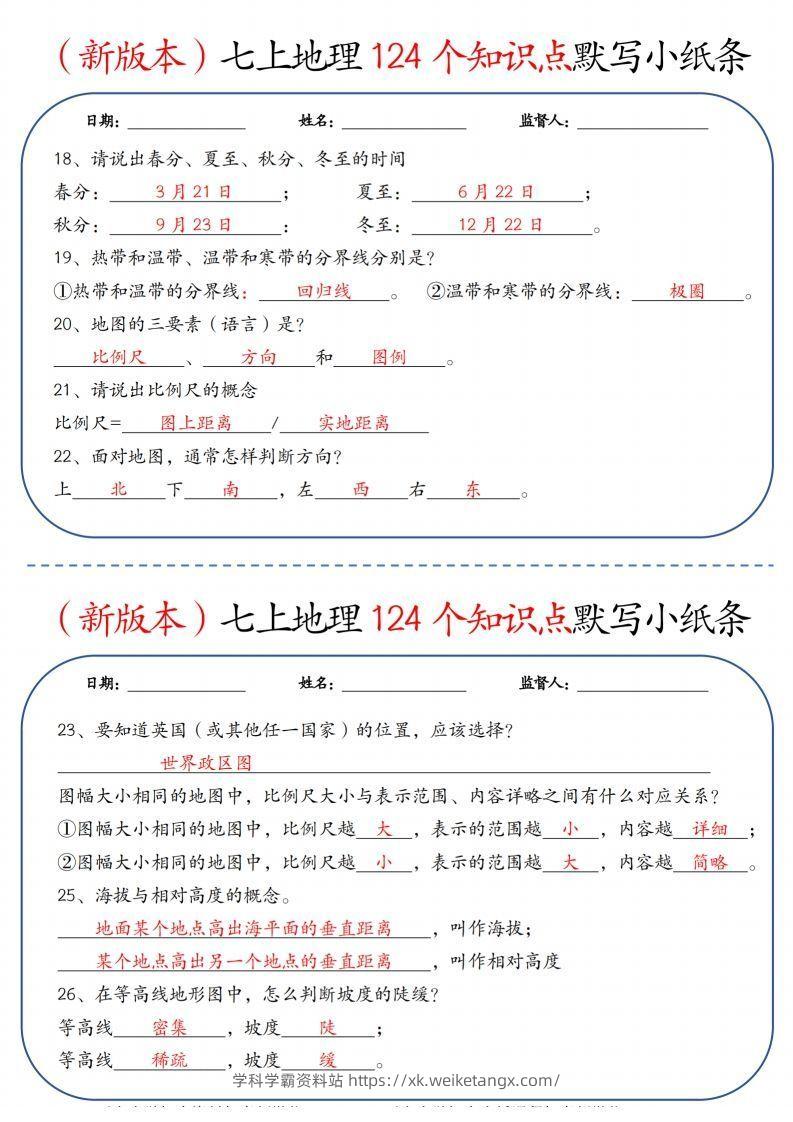 图片[3]-（新版本）七上地理124个知识点默写小纸条9.10答案-学科学霸资料站