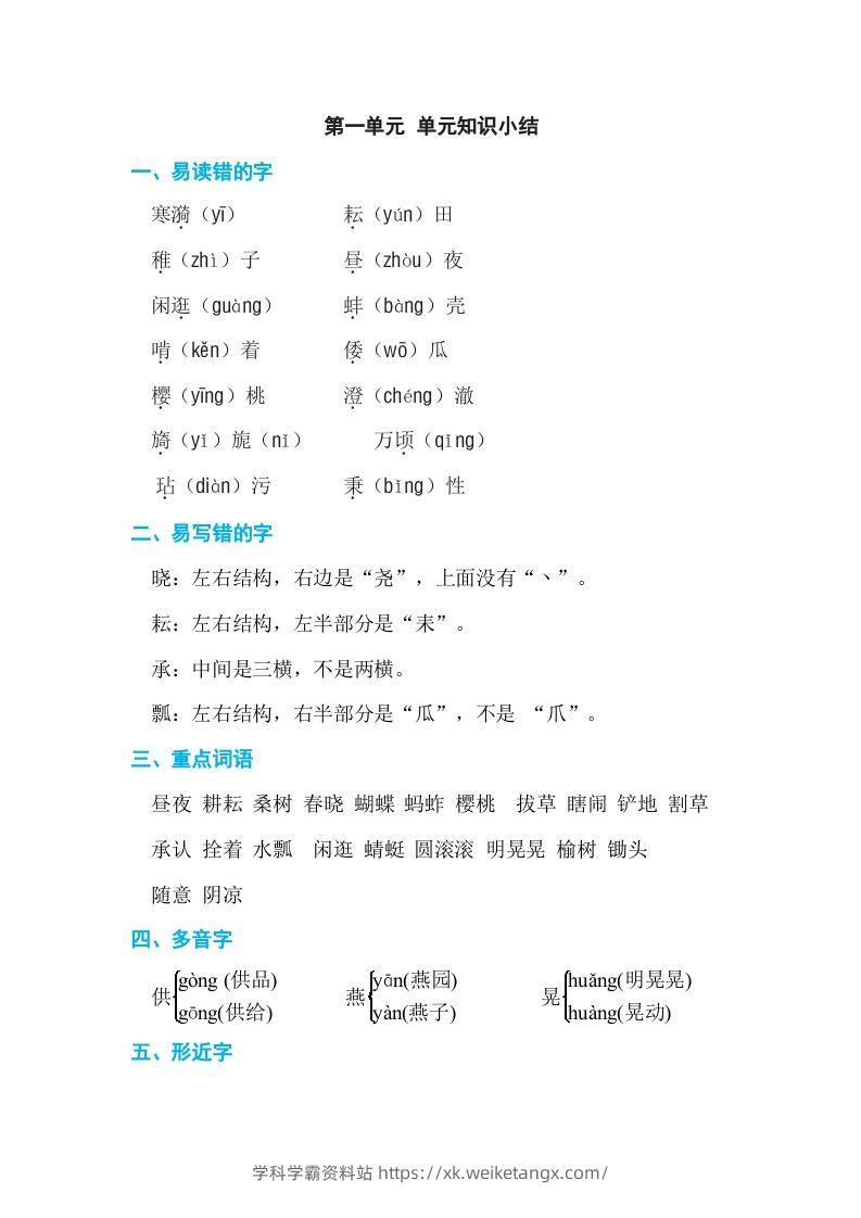 五年级语文下册第一单元单元知识小结（部编版）-学科学霸资料站