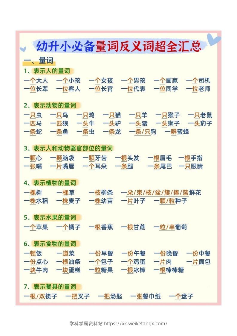 幼小衔接必备量词反义词汇总-学科学霸资料站