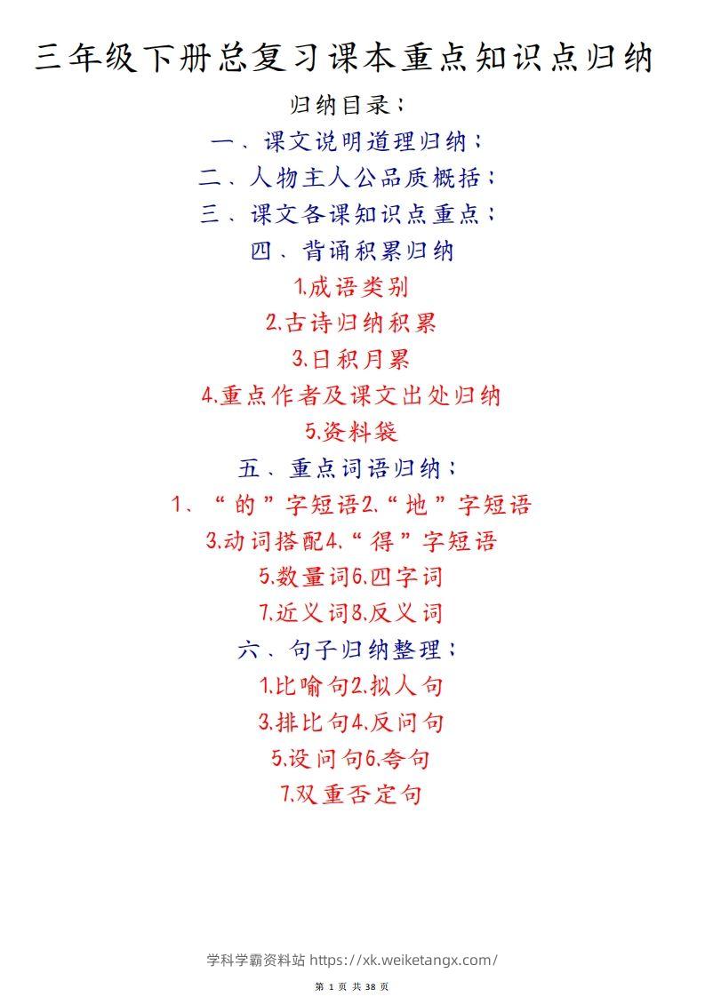 期末复习重点知识汇总三下语文-学科学霸资料站