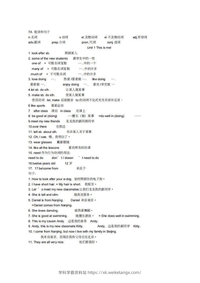 新牛津英语译林版七年级上册各单元全部重点短语和句子-学科学霸资料站