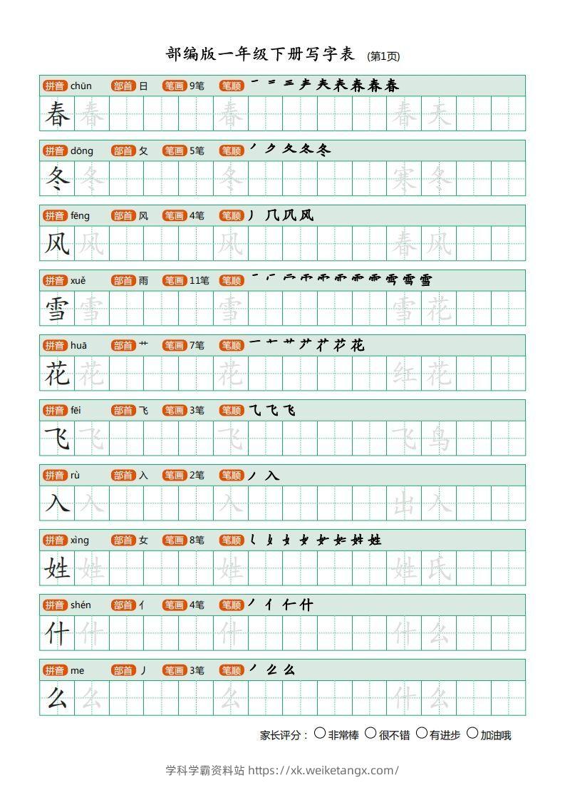 一年级语文下册写字表(笔顺)（20页）PDF（部编版）-学科学霸资料站