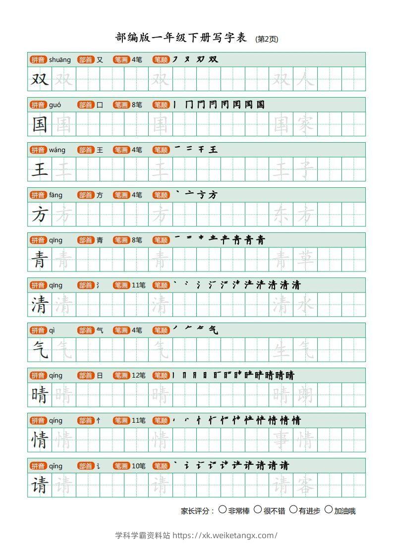 图片[2]-一年级语文下册写字表(笔顺)（20页）PDF（部编版）-学科学霸资料站