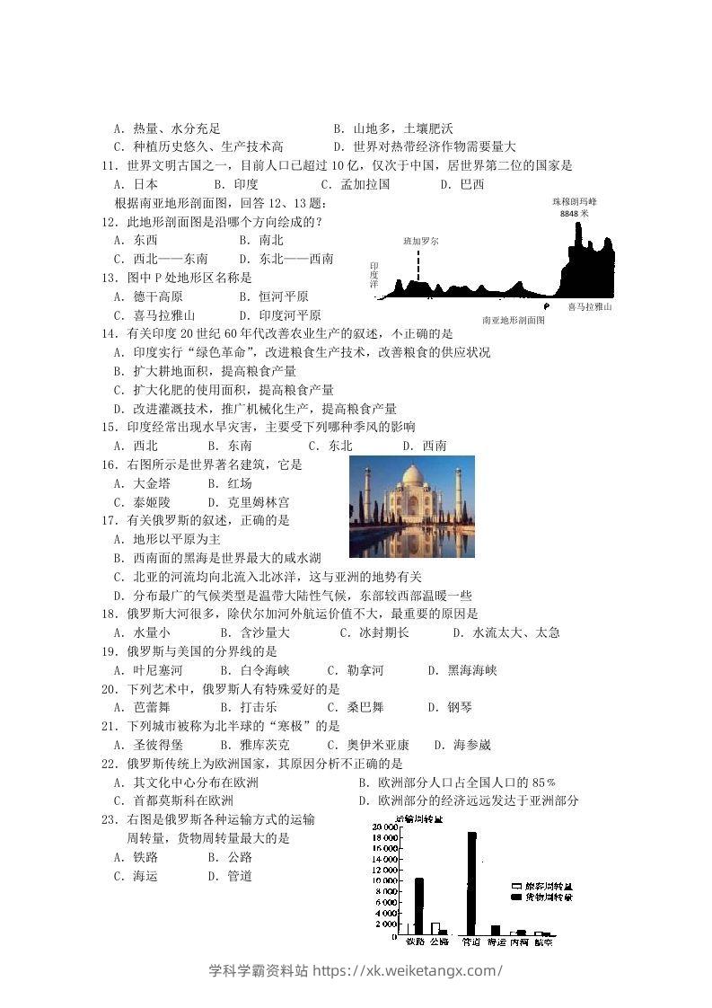 图片[2]-七年级下册地理第七章试卷及答案人教版(Word版)-学科学霸资料站