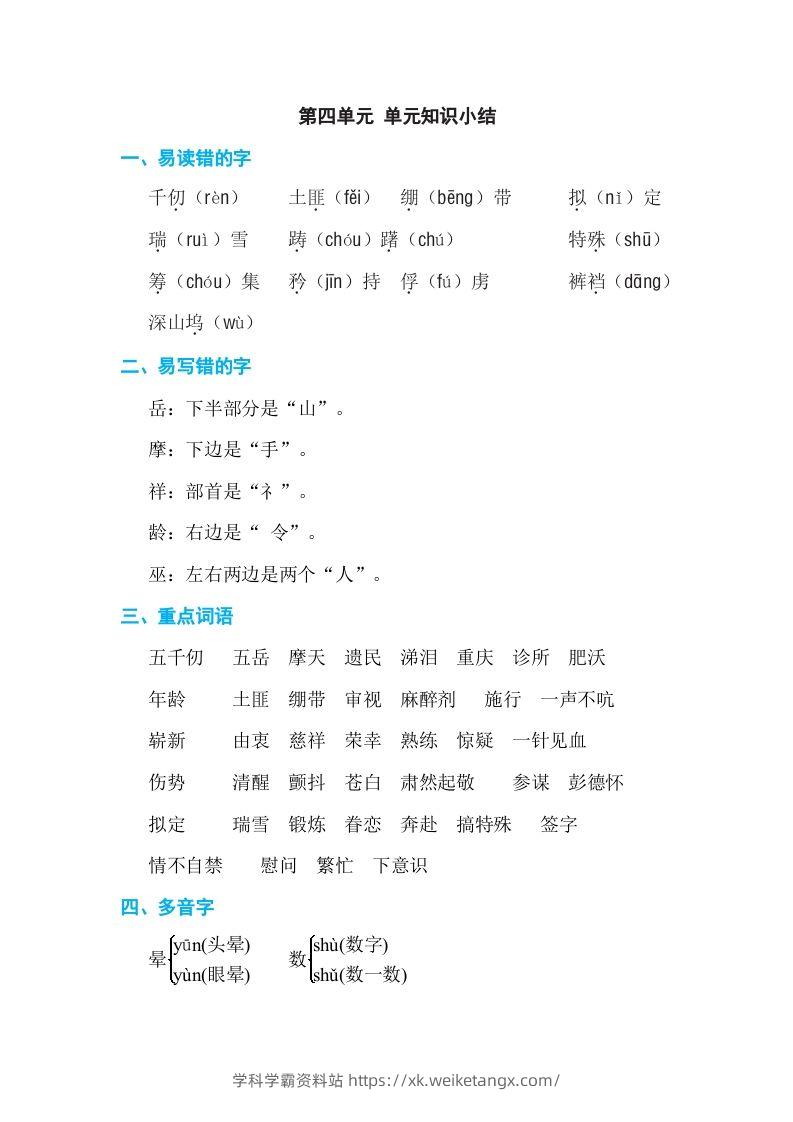 五年级语文下册第四单元单元知识小结（部编版）-学科学霸资料站