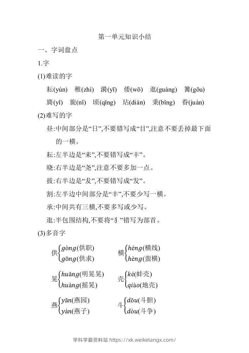 五年级语文下册第一单元知识小结（部编版）-学科学霸资料站