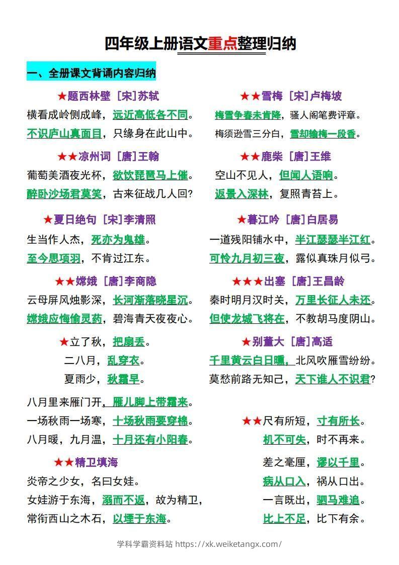 【四上】语文必背汇总-学科学霸资料站