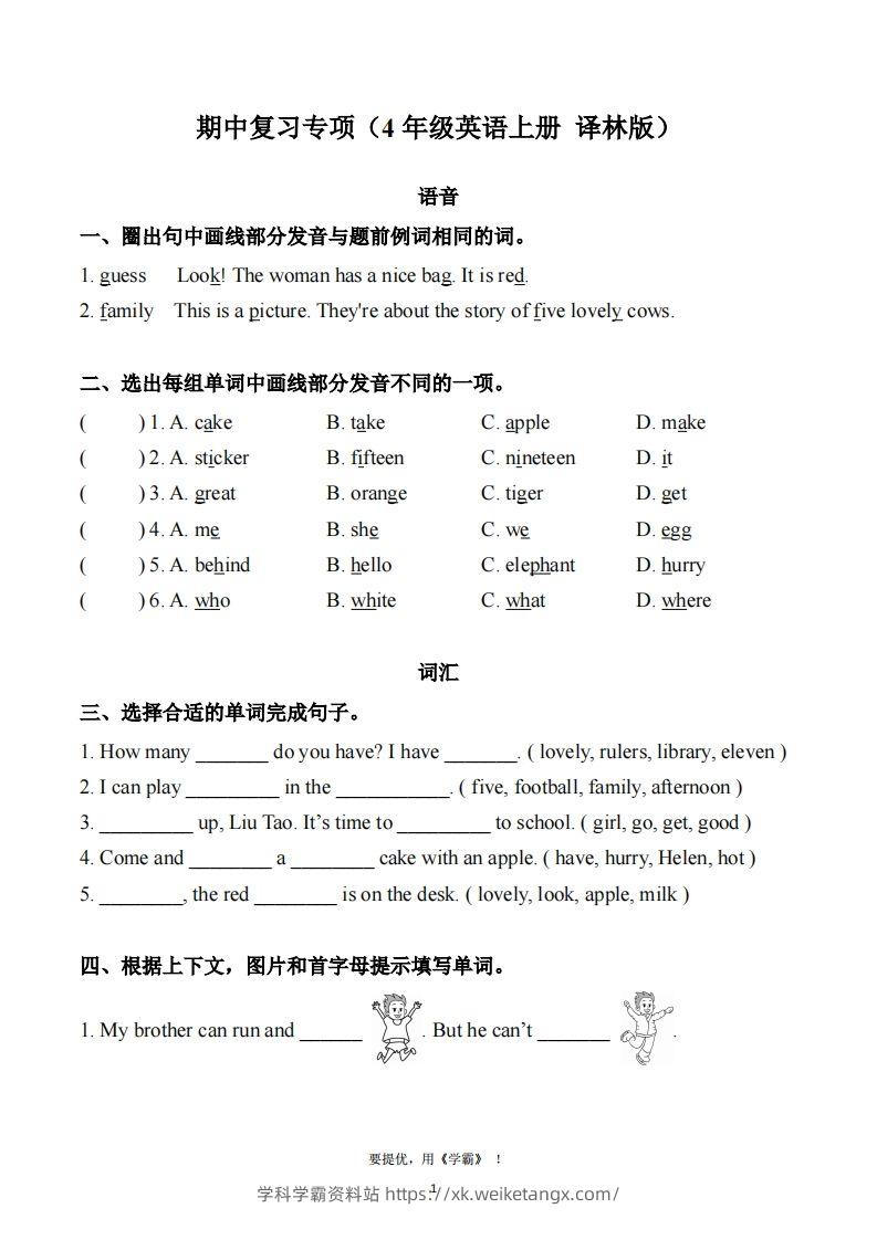 期中复习专项（四上英语译林版）-学科学霸资料站