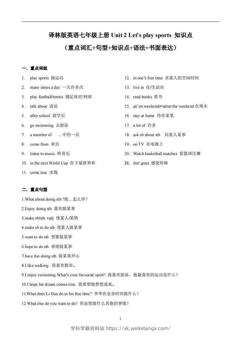 译林版英语七年级上册Unit2Let’splaysports知识点_-学科学霸资料站