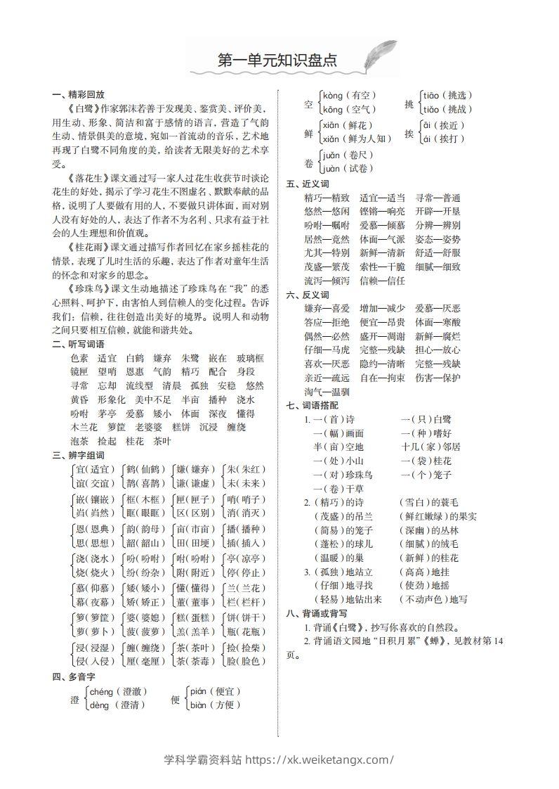 五上语文1-8单元知识盘点-学科学霸资料站