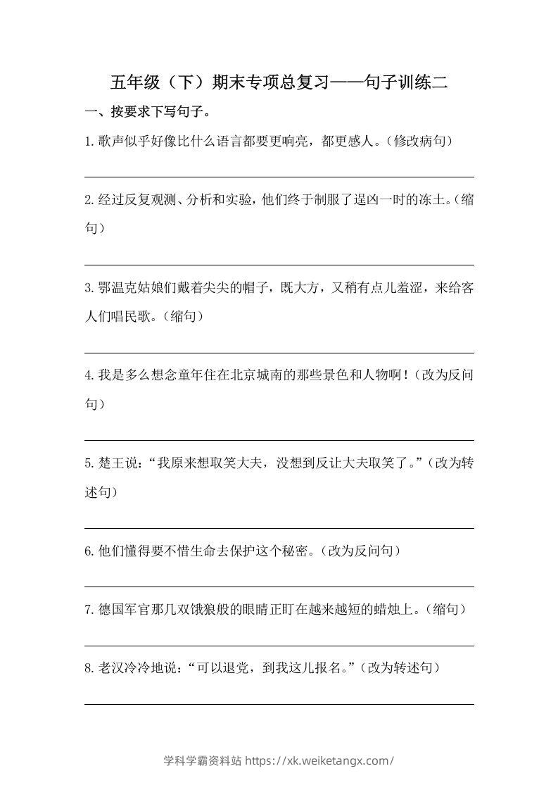 五年级语文下册期末句子训练专项训练（二）（含答案）（部编版）-学科学霸资料站