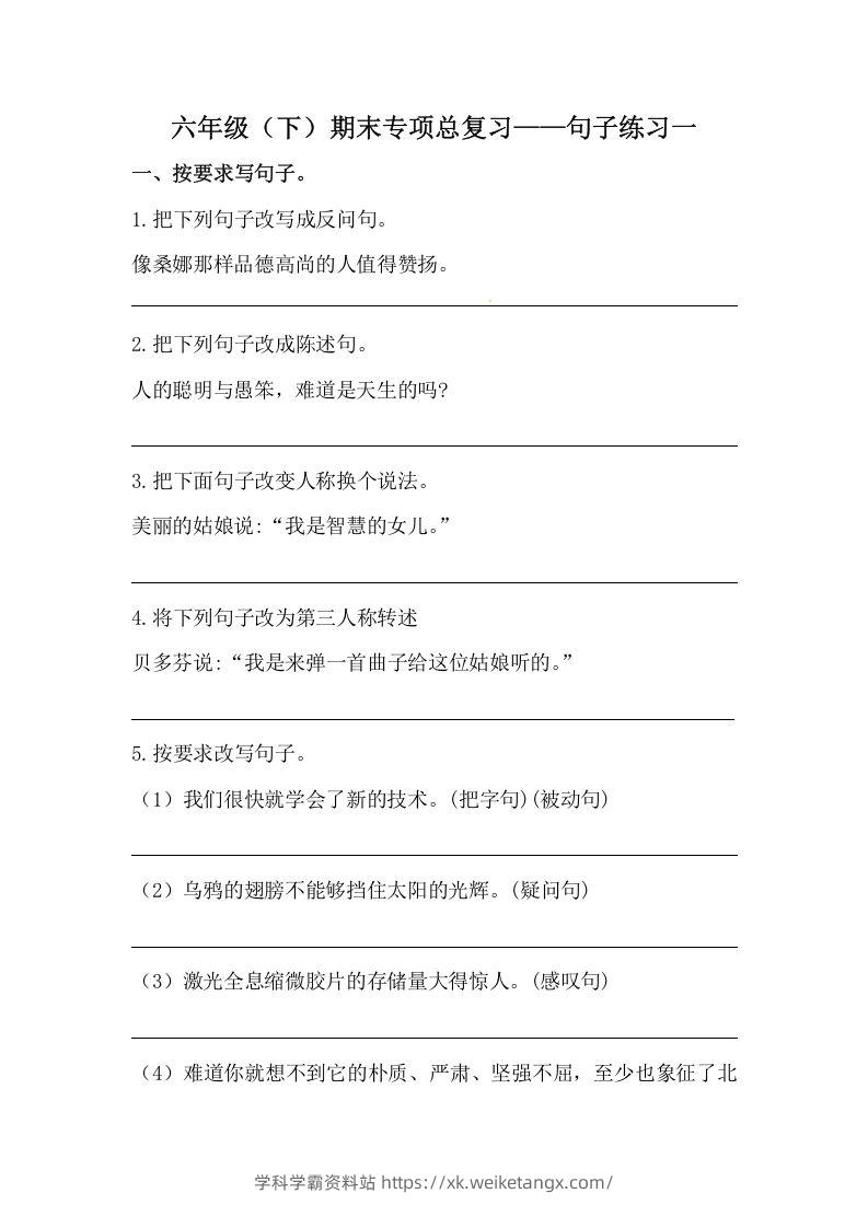 六年级语文下册期末句子专项训练（一）（含答案）（部编版）-学科学霸资料站