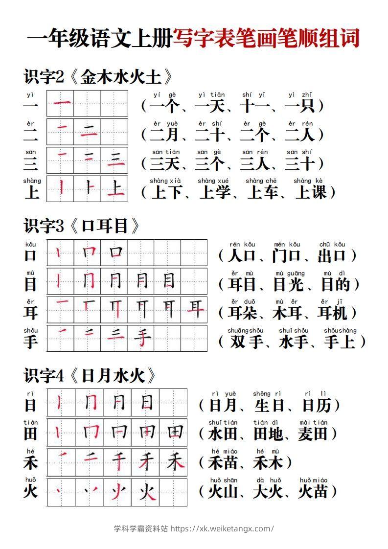 【写字表笔画笔顺组词】一上语文-学科学霸资料站