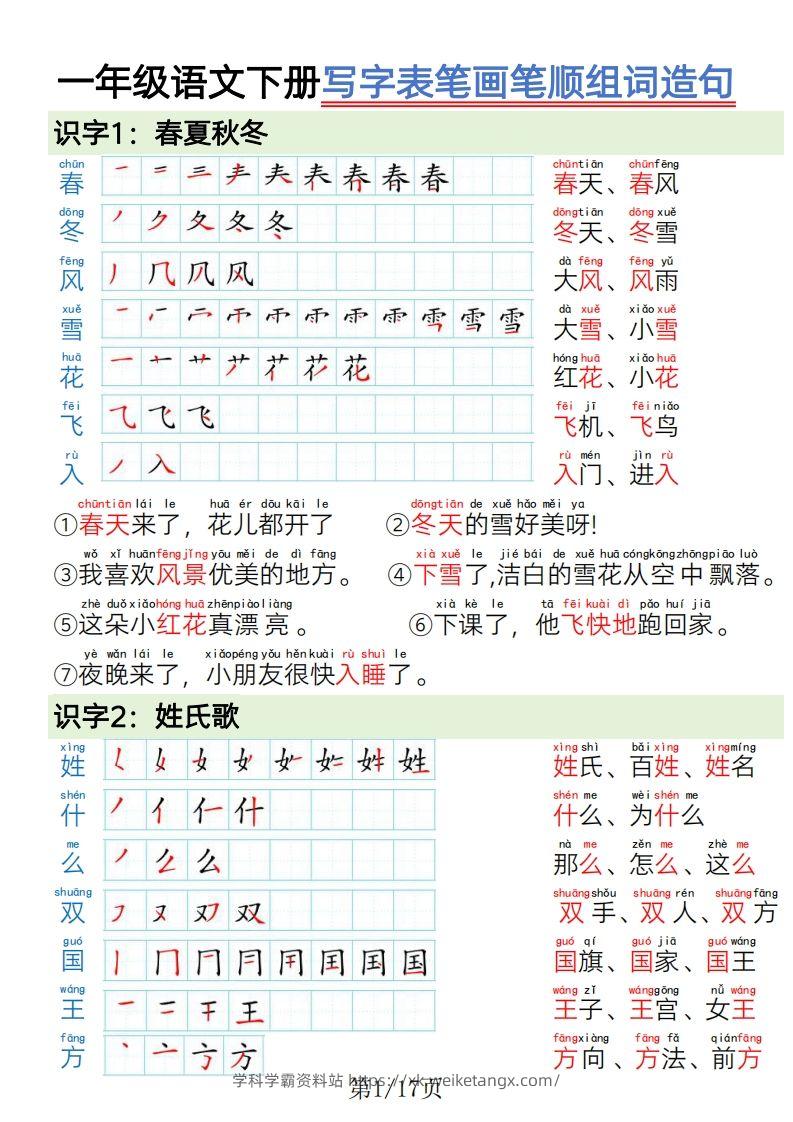 1.19一年级语文下册写字表笔画笔顺组词造句-学科学霸资料站