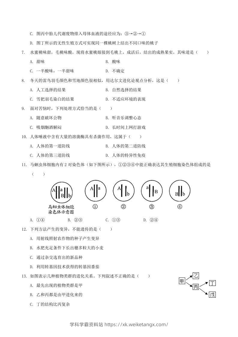 图片[2]-2020-2021学年山西省临汾市襄汾县八年级下学期期末生物试题及答案(Word版)-学科学霸资料站