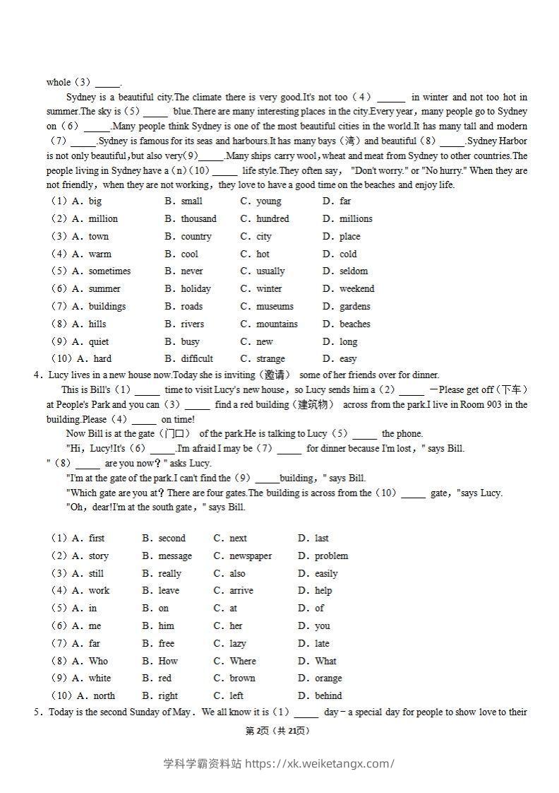图片[2]-【外研期末】完形填空专题过关集训-学科学霸资料站