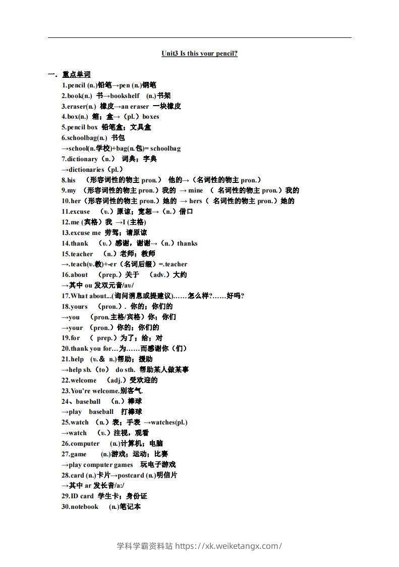 3.人教版七年级上英语Unit3复习提纲-学科学霸资料站