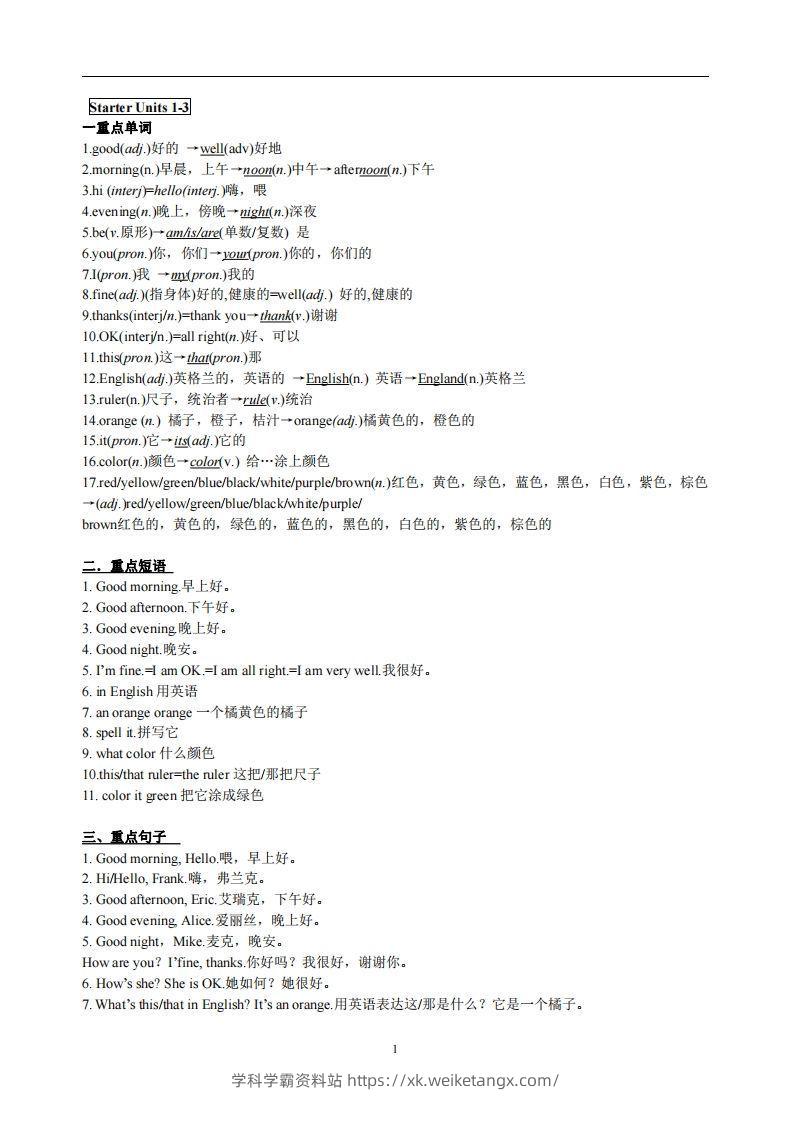 3.人教版七年级上英语StarterUnits1-3复习提纲-学科学霸资料站