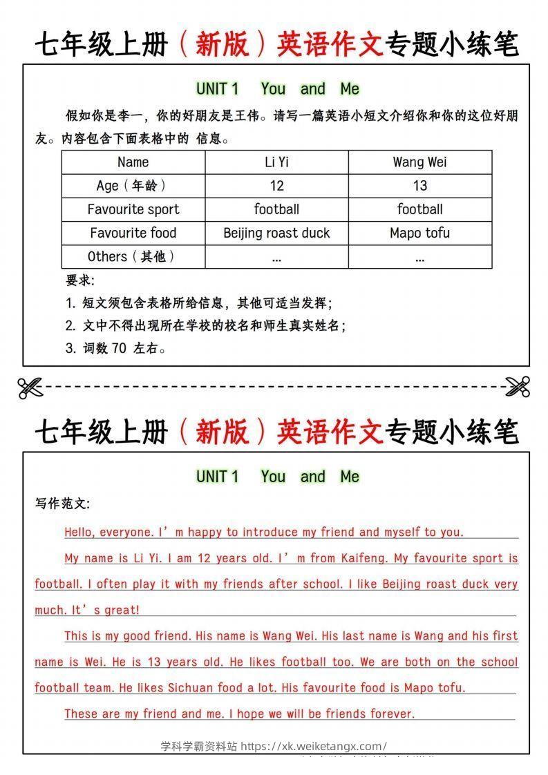 七年级上册（新版）英语作文专题小练笔-学科学霸资料站