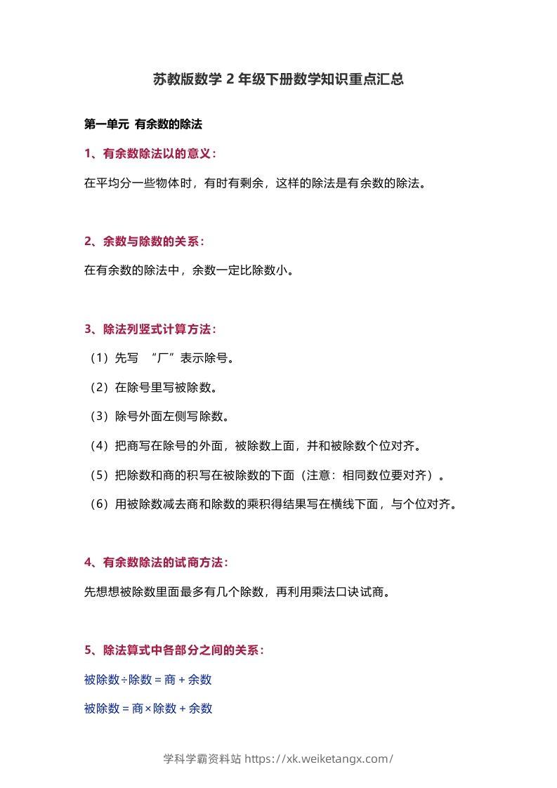 苏教版数学2年级下册数学知识点-学科学霸资料站