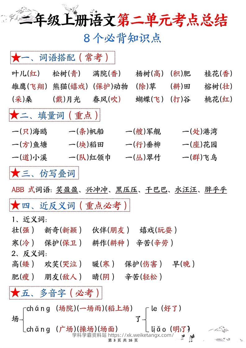 图片[3]-二年级上册语文1-8单元考点总结-学科学霸资料站