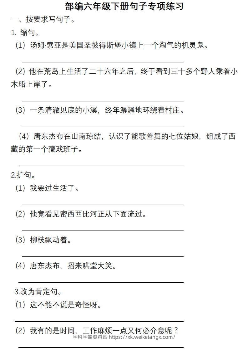 6年级句子专项练习-学科学霸资料站