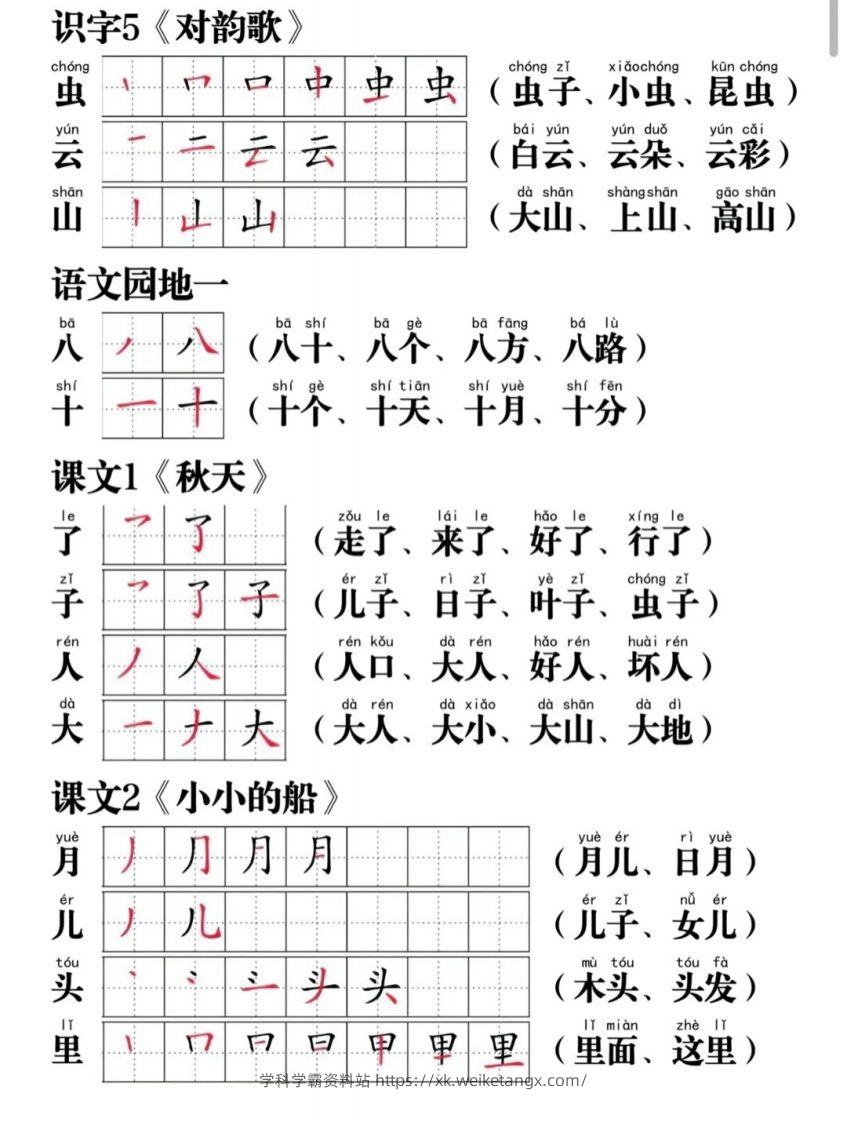 图片[2]-一年级语文上册写字表笔画笔顺组词-学科学霸资料站