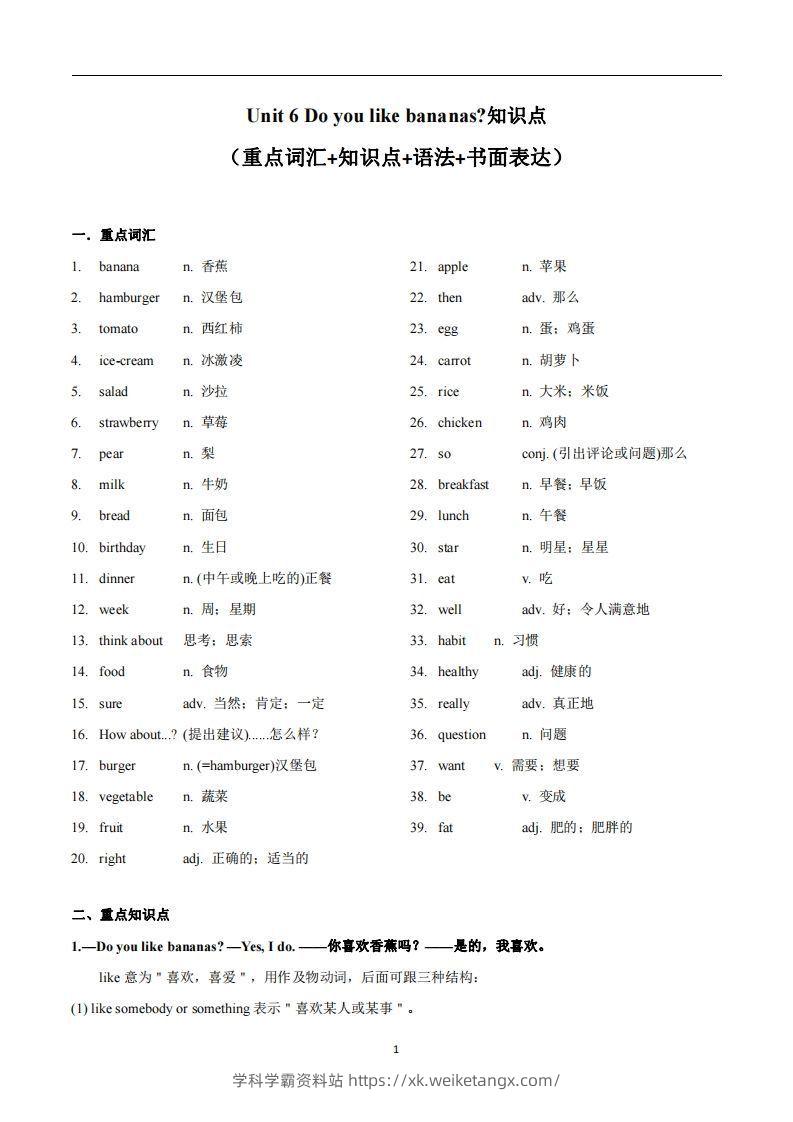 人教版英语七年级上Unit6Doyoulikebananas知识点-学科学霸资料站