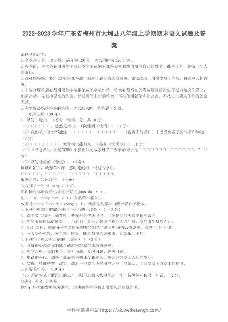 2022-2023学年广东省梅州市大埔县八年级上学期期末语文试题及答案(Word版)-学科学霸资料站