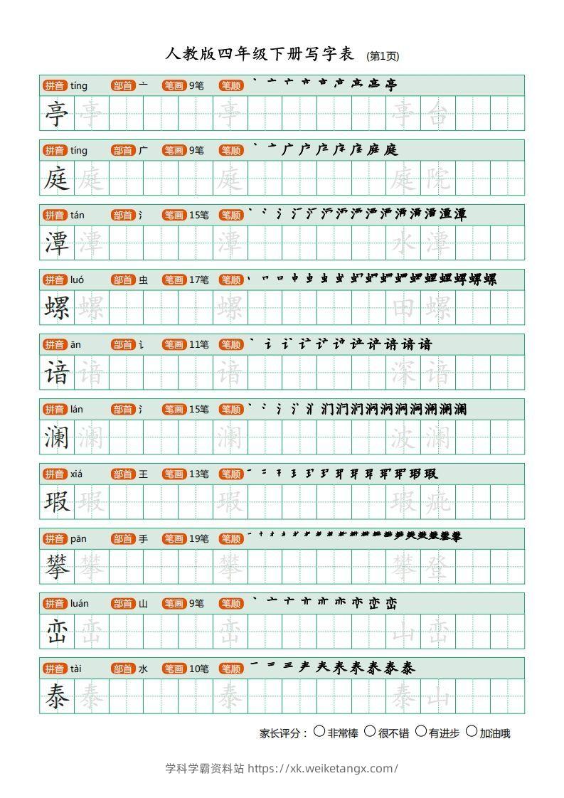 四年级语文下册写字表（20页）PDF（部编版）-学科学霸资料站