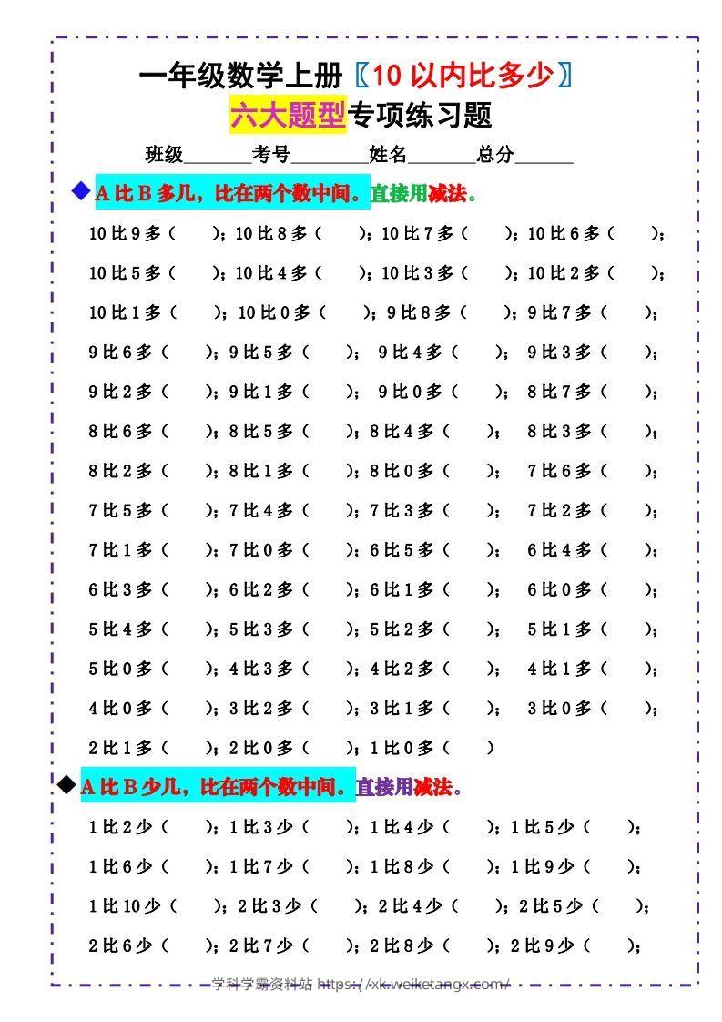 一上数学-《10以内比多少》填空题六大题型（含答案）-学科学霸资料站