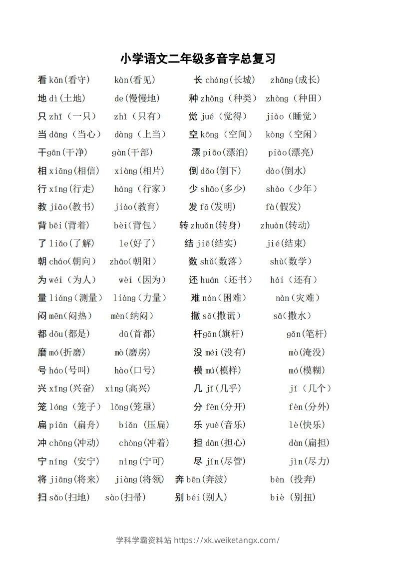 二年级语文上册多音字汇总❤️()-学科学霸资料站