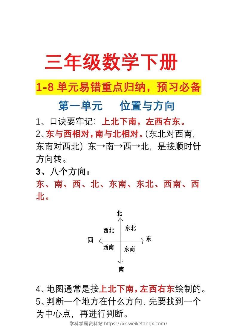 三年级数学下册1-8单元易错重点归纳-学科学霸资料站