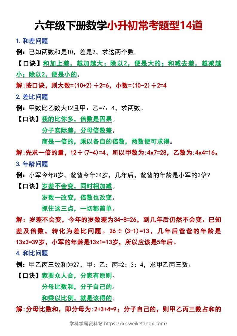 六年级下册数学小升初常考题型14道-学科学霸资料站