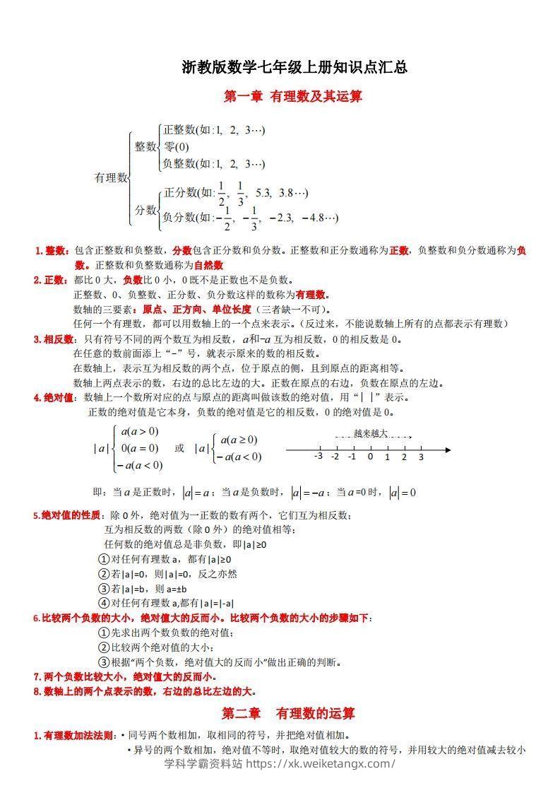 浙教版数学七年级上知识点总结-学科学霸资料站
