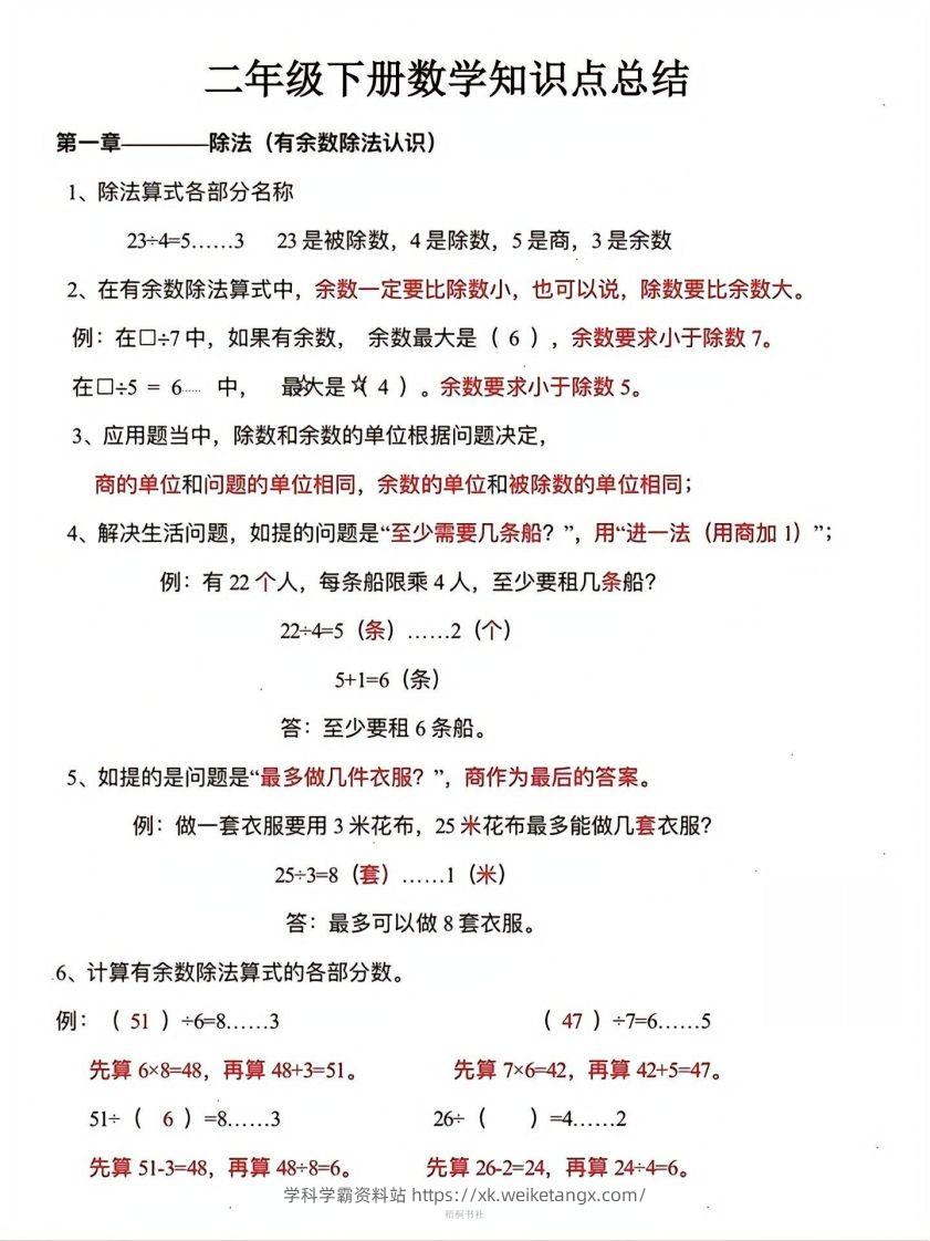 数学二年级下册必背知识点汇总-学科学霸资料站