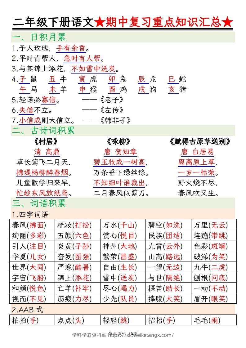 【期中重点知识汇总】二下语文-学科学霸资料站