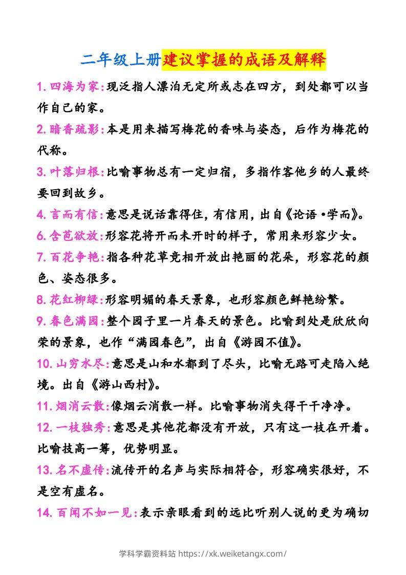 二年级上册语文建议掌握的成语及解释-学科学霸资料站