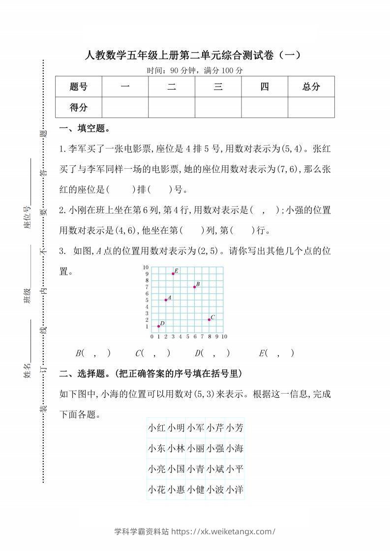 人教版数学五年级上册第二单元检测卷-学科学霸资料站