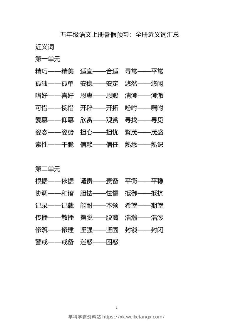 五上语文近.反义词汇总-学科学霸资料站