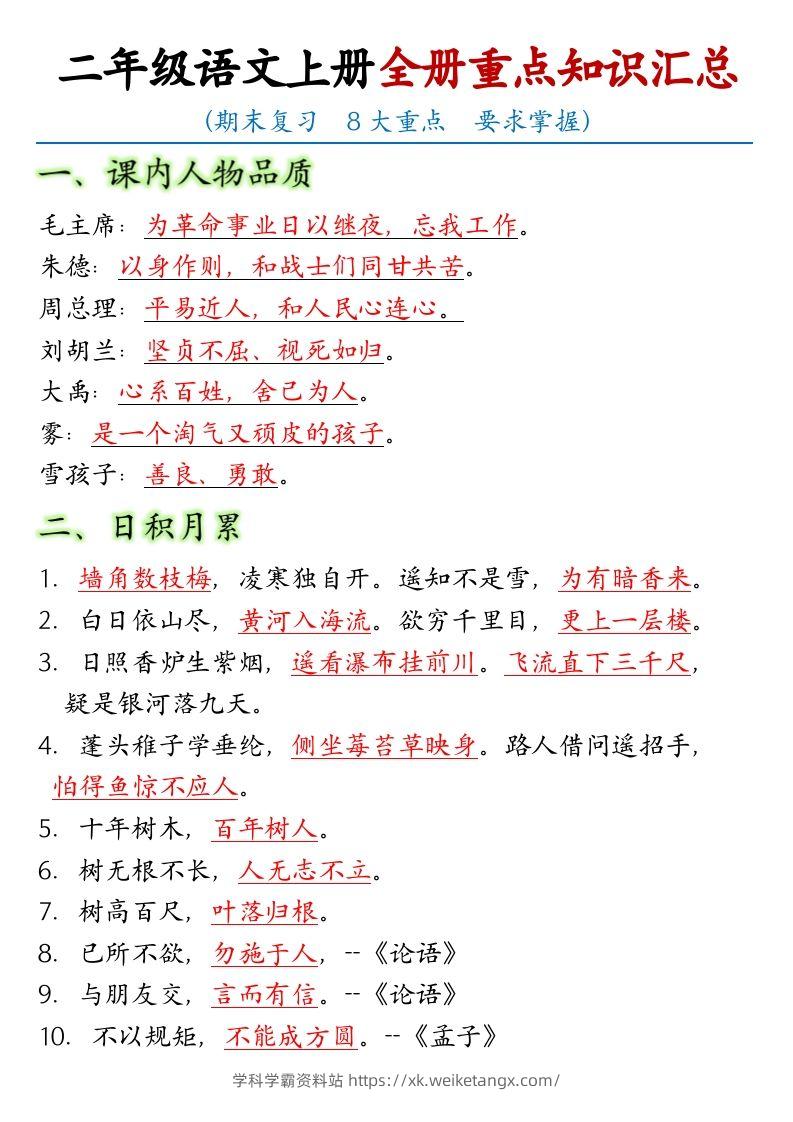 【全册重点考点归纳】二上语文-学科学霸资料站