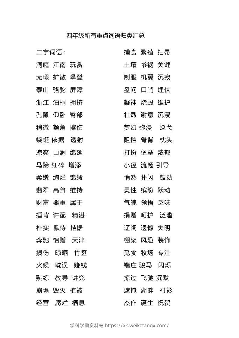 四（上）语文重点词语归类汇总-学科学霸资料站